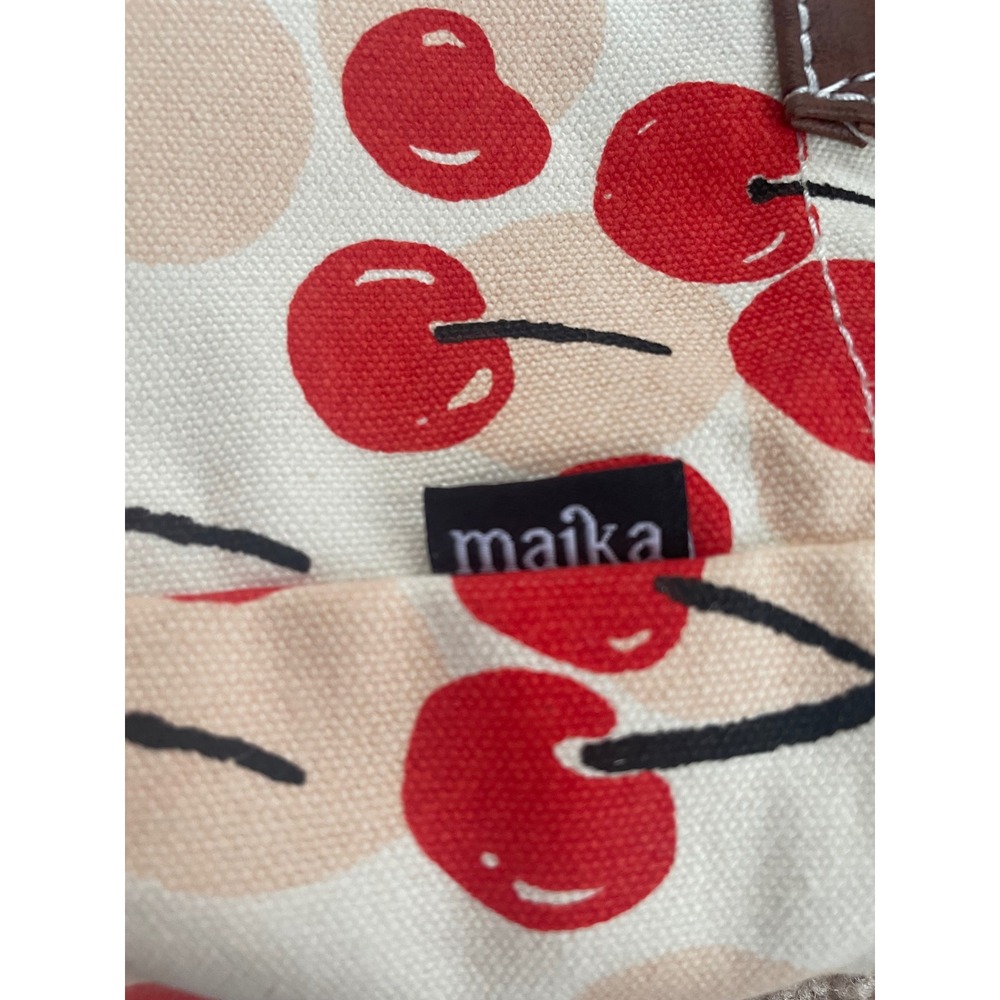 Maika Cherry Print Canvas Tote Bag Cream Red Polka Dot Vegan Leather Handles - Picture 3 of 3